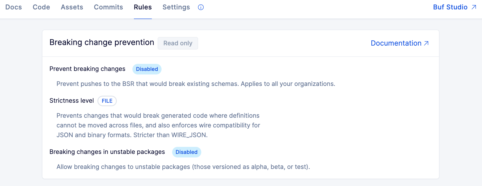 Screenshot showing a module's breaking changes settings