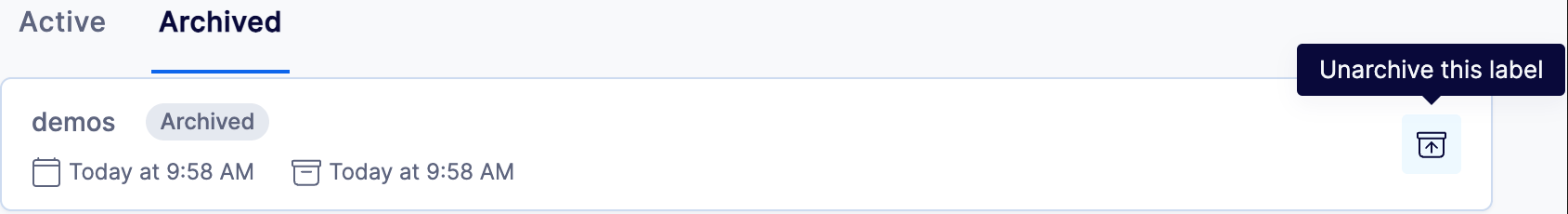 Screenshot of all-label list with unarchive option highlighted