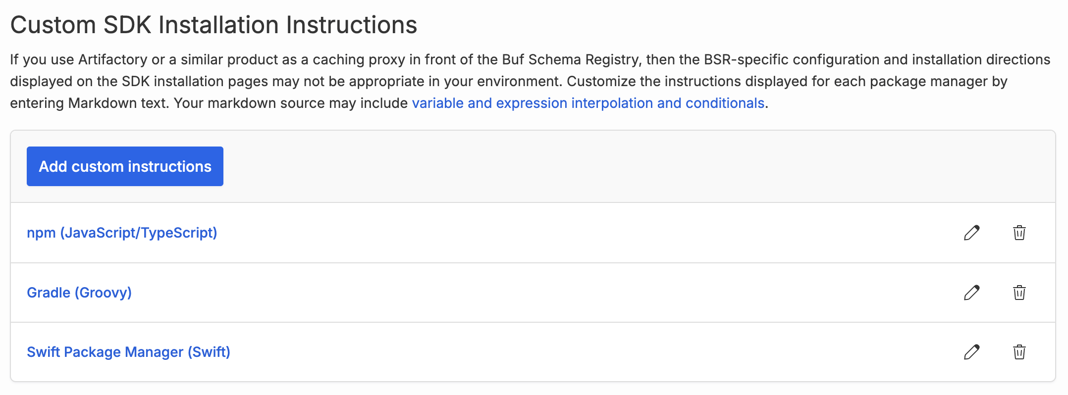 Screenshot of SDK installation instructions customization screen