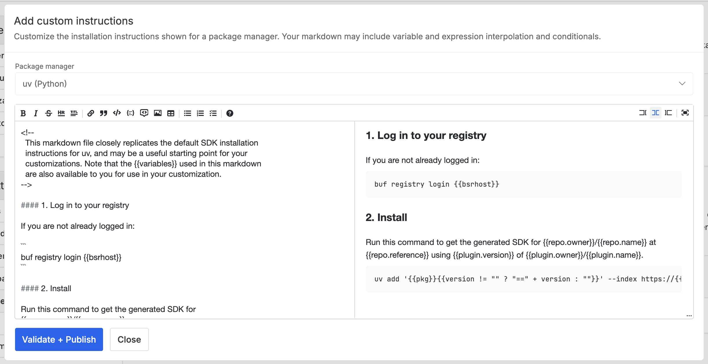 Screenshot of customizing SDK instructions for poetry