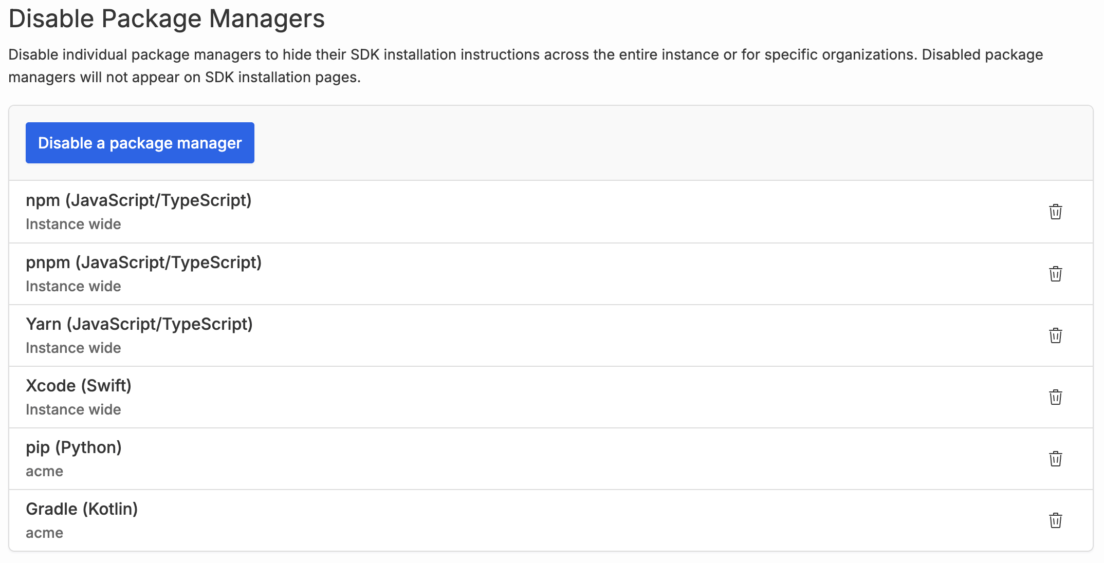 Screenshot of disabling package managers in the admin panel