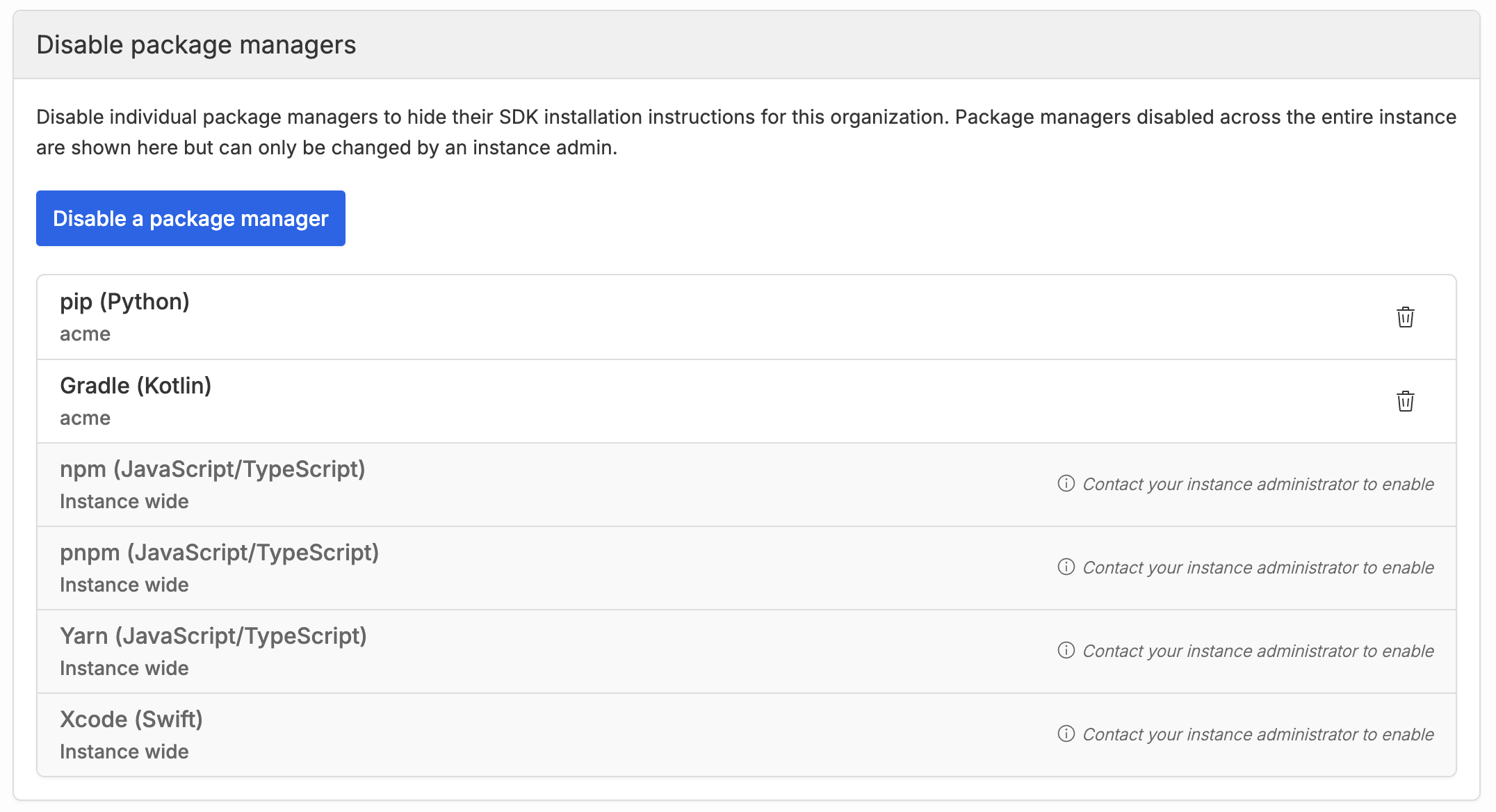 Screenshot of disabling package managers in the organization settings