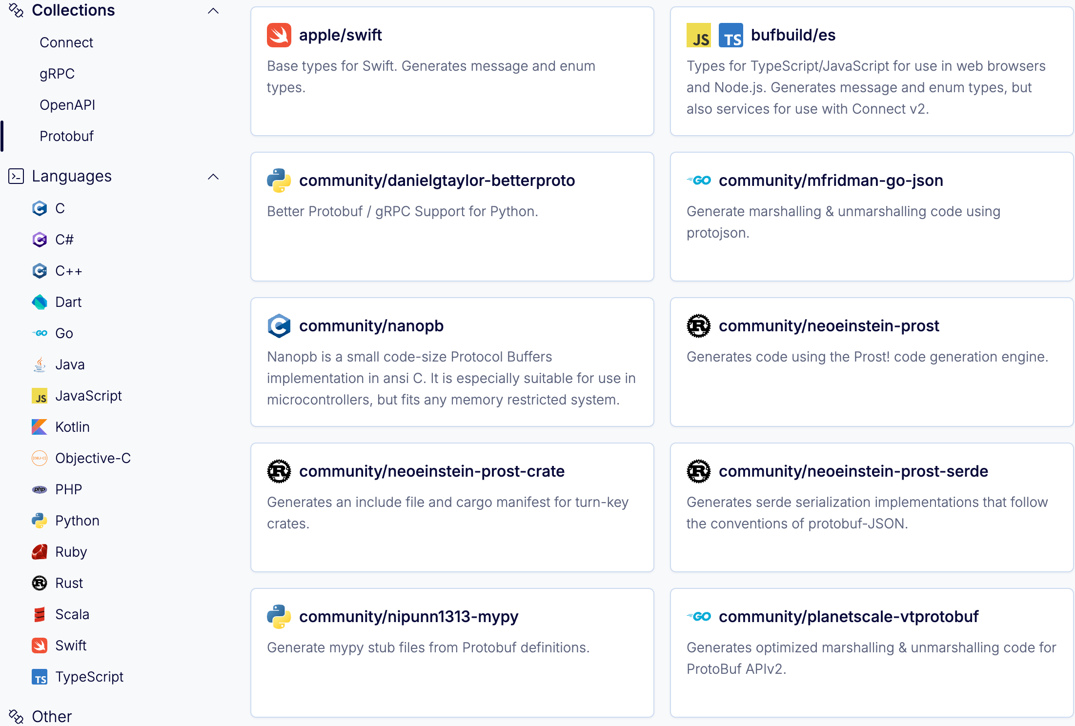 Remote plugin browse screen, showing plugins available for Go