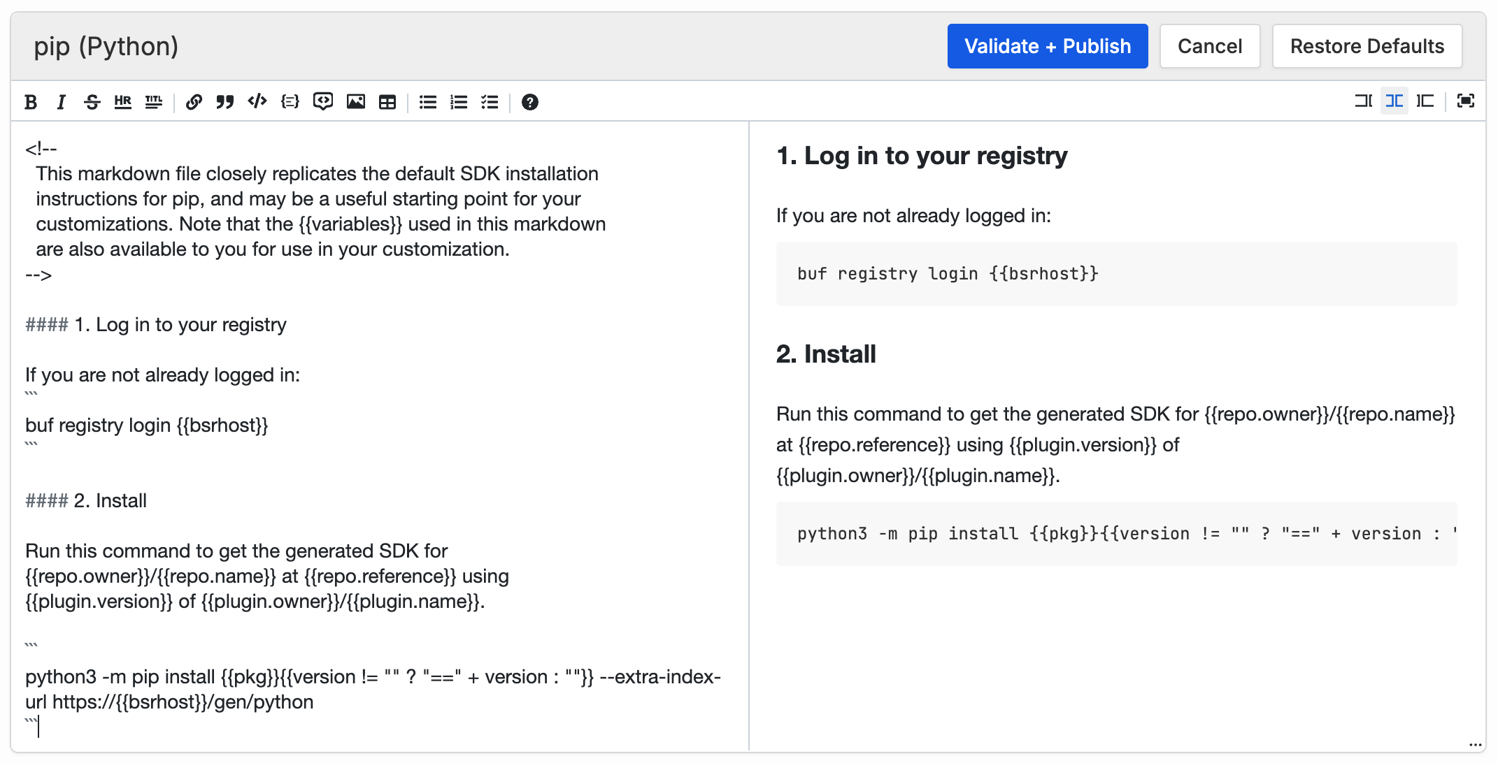 Screenshot of customizing SDK instructions for pip