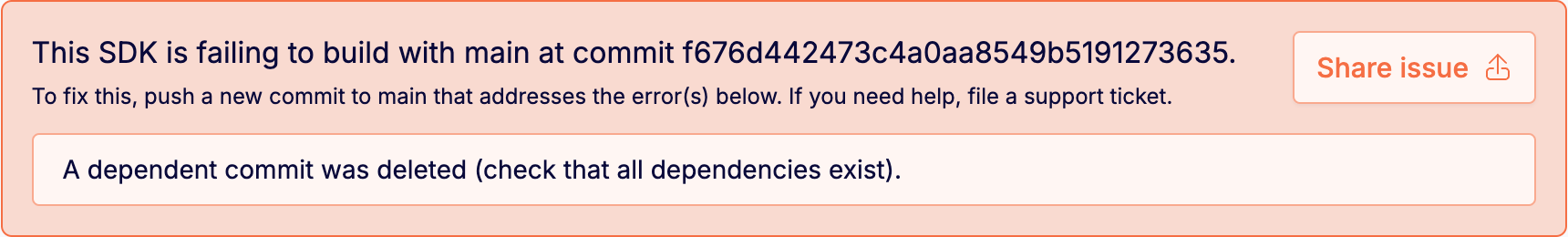 Example of a recommended SDK with an error message