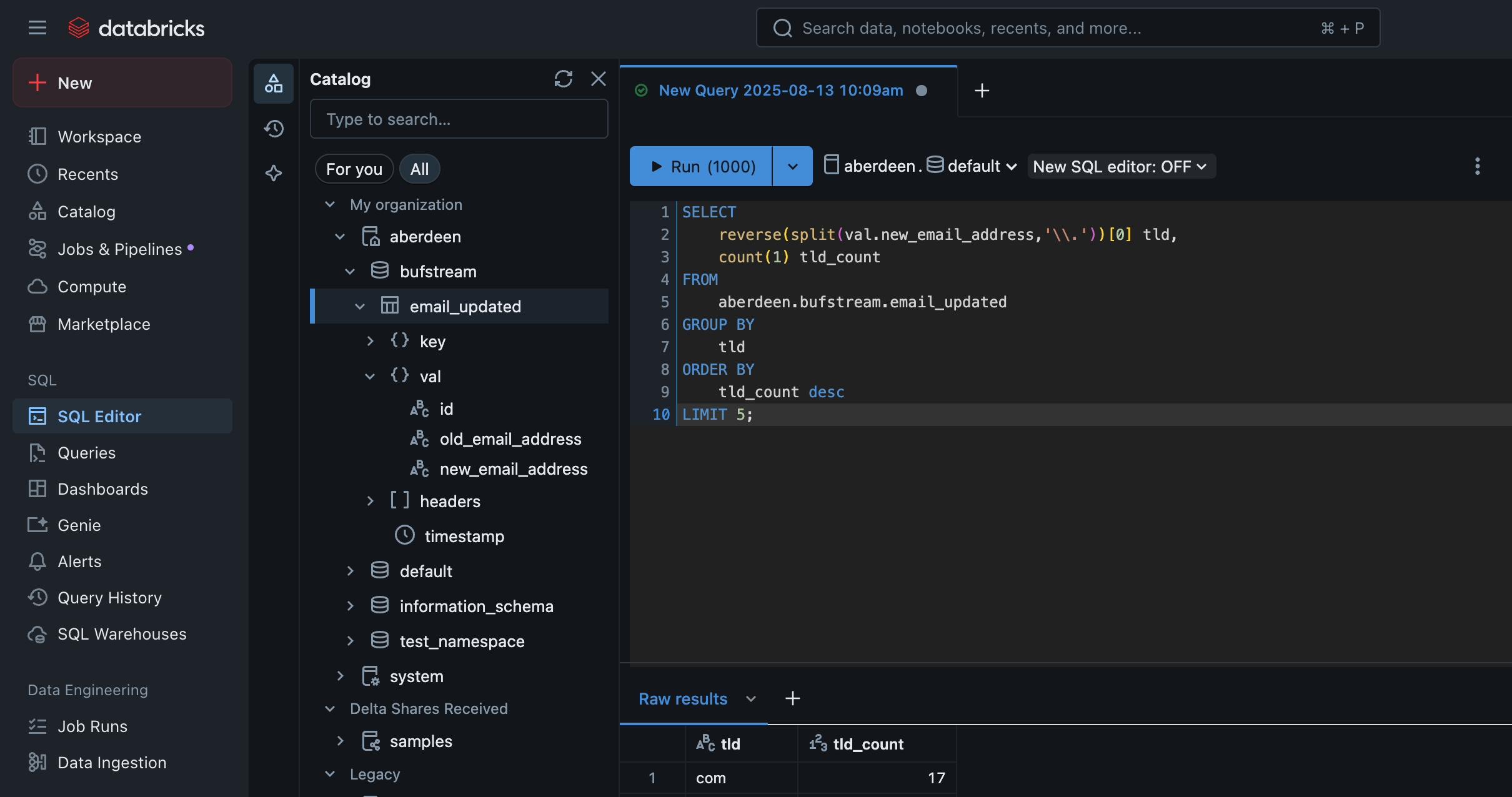 Example Databricks query