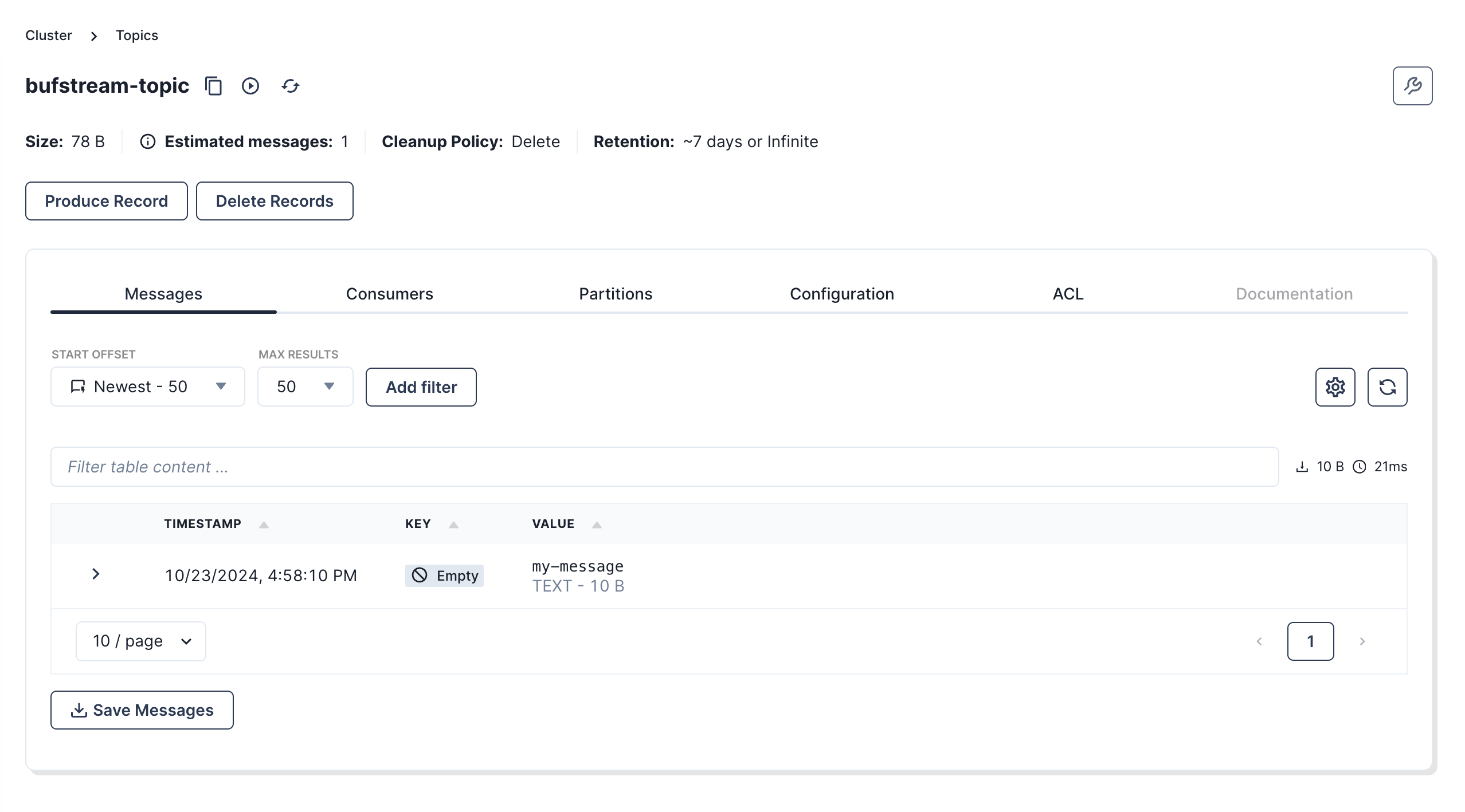 Redpanda Console topic inspect