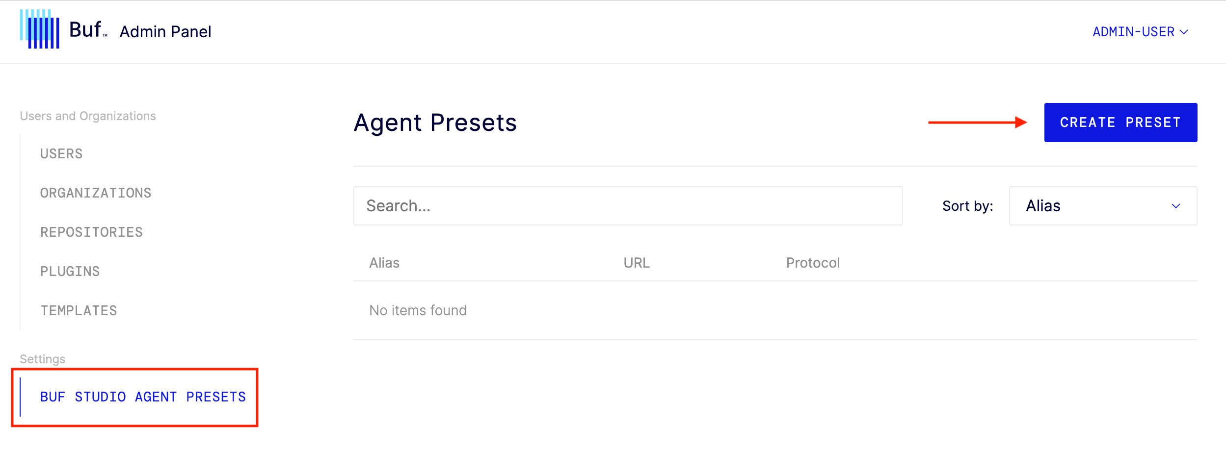 admin panel highlighting agent preset setting