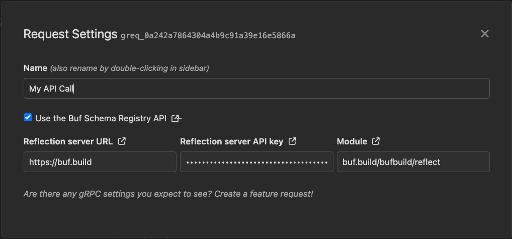 Insomnia's gRPC request settings