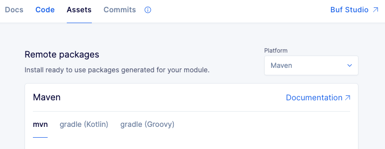 Screen shot of BSR SDKs tab with Maven displayed in dropdown menu