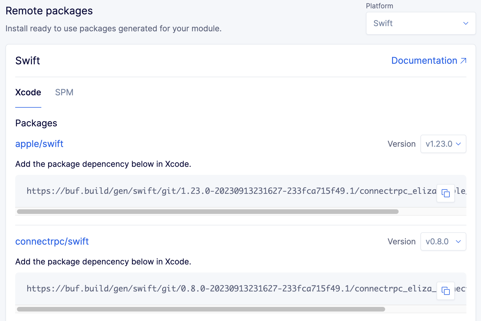Screenshot of assets tab with xcode git links visible
