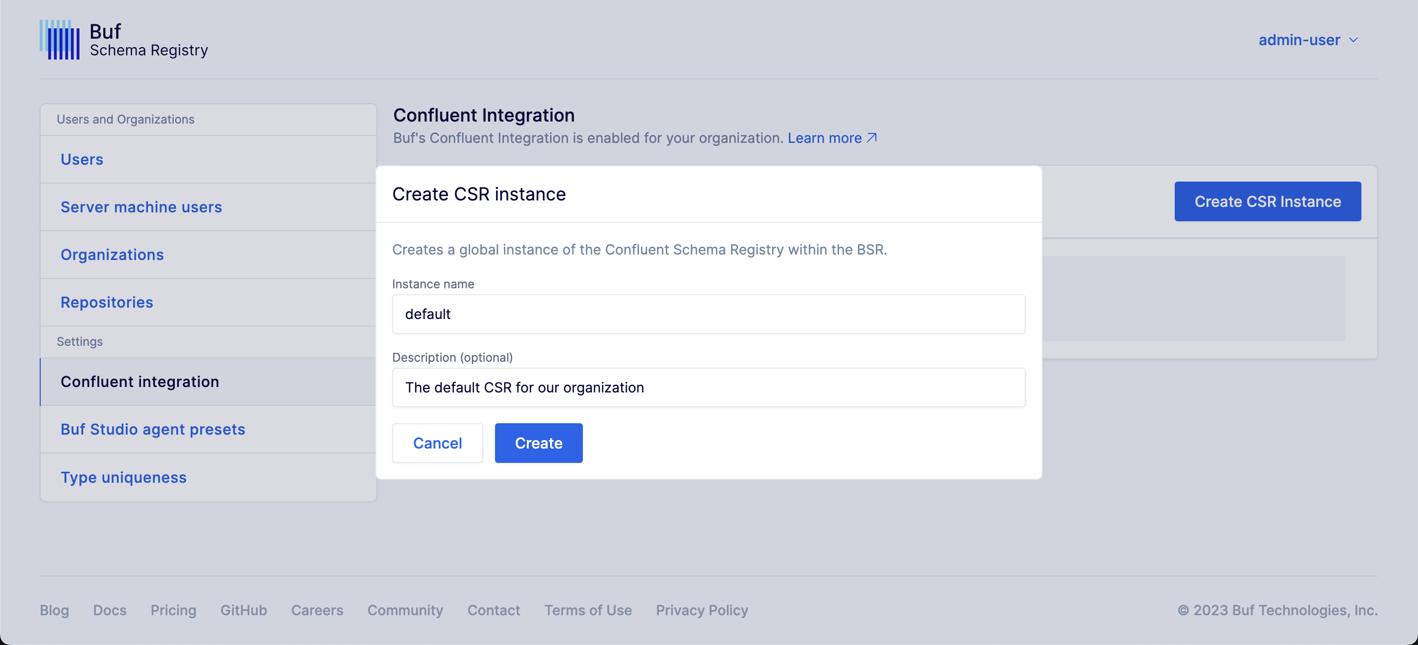 Create Confluent Schema Registry instance modal