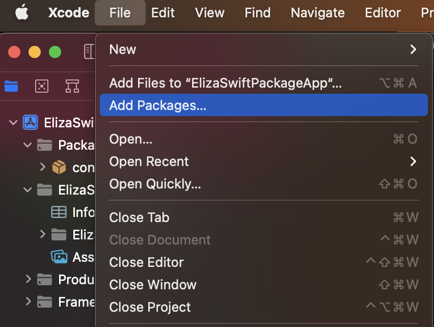 Screenshot of xcode with add packages option selected