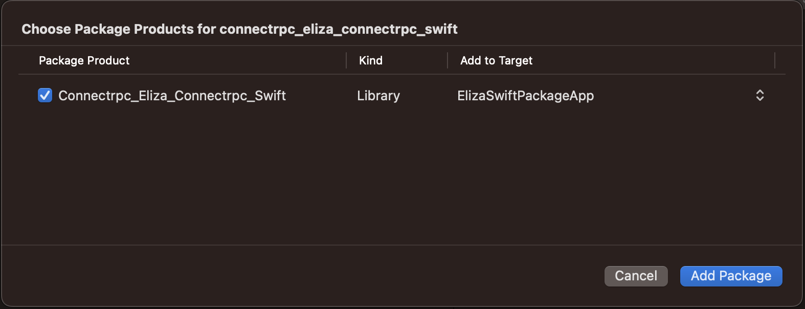 Screenshot of xcode with library selection popup and eliza library selected