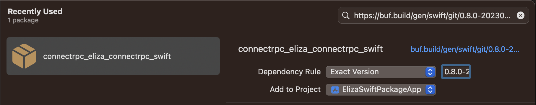 Screenshot of xcode with package popup and eliza package selected