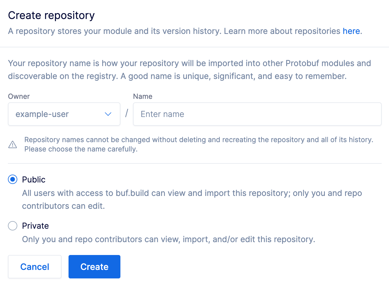 Screenshot of Create Repository modal window